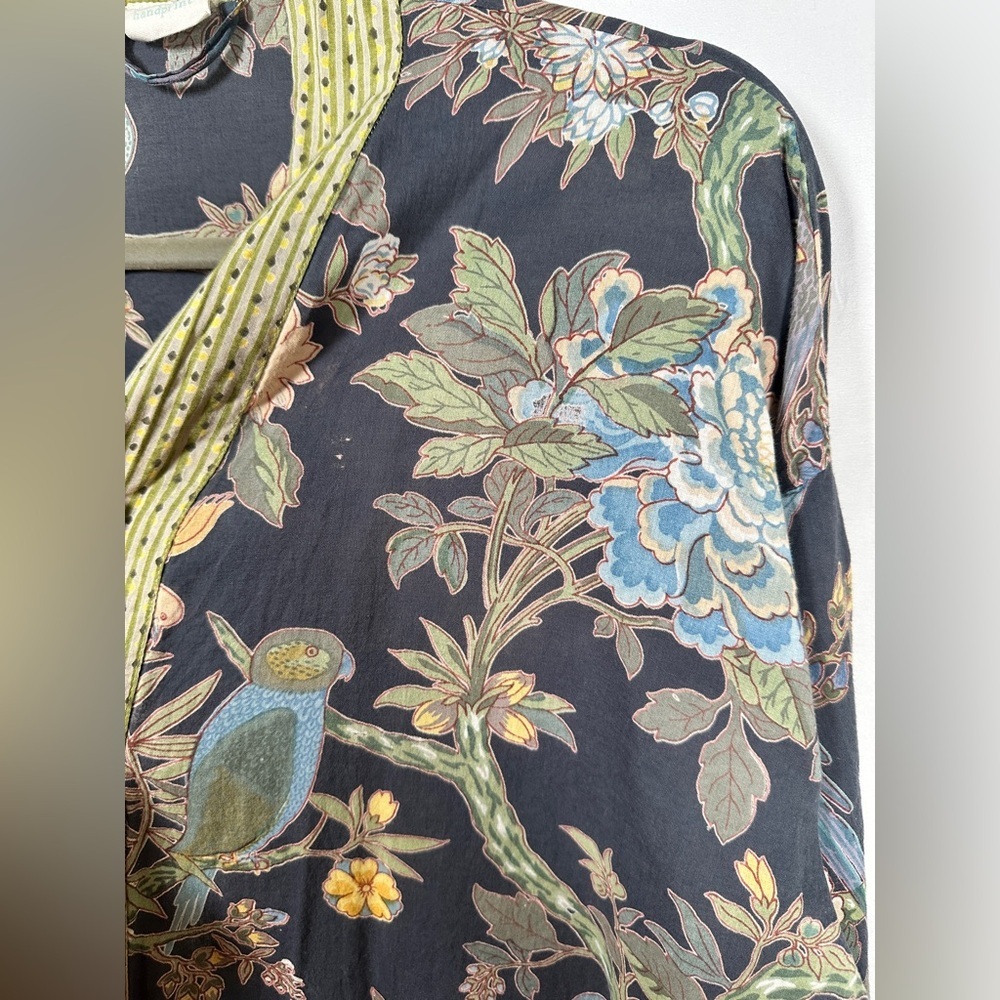 Handprint Cotton Boho Kimono Duster Robe Bird Floral Print OS Black - Picture 8 of 12